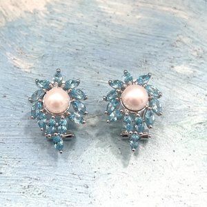 AQUA BLUE CZ & 8-8.5MM WHITE PEARL EARRINGS W/OMEGA BACKS